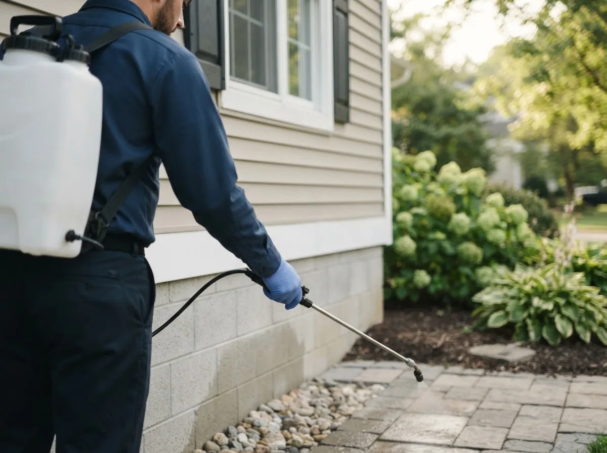 Pest control technician inspecting a home in Castle, OK